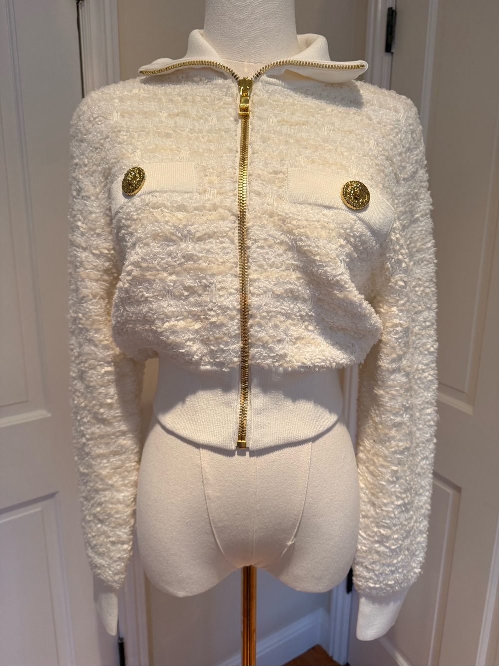 Balmain Cream Bouclé Cropped Zip Jacket with Gold Buttons